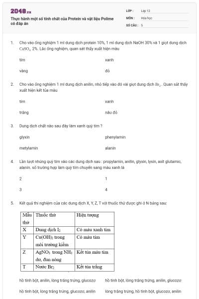 Thực hành một số tính chất của Protein và vật liệu Polime có đáp án