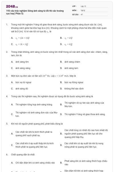 193 câu trắc nghiệm Sóng ánh sáng từ đề thi các trường cực hay( Phần 5)