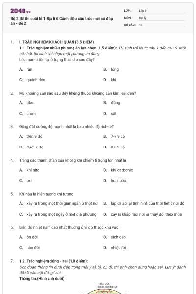 Bộ 3 đề thi cuối kì 1 Địa lí 6 Cánh diều cấu trúc mới có đáp án - Đề 2
