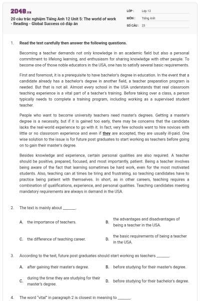 20 câu trắc nghiệm Tiếng Anh 12 Unit 5: The world of work - Reading - Global Success có đáp án