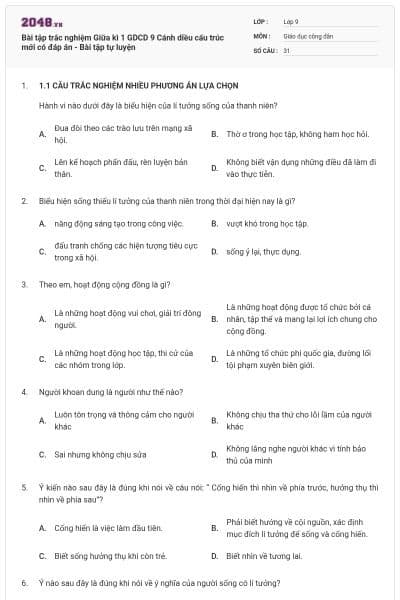Bài tập trắc nghiệm Giữa kì 1 GDCD 9 Cánh diều cấu trúc mới có đáp án - Bài tập tự luyện