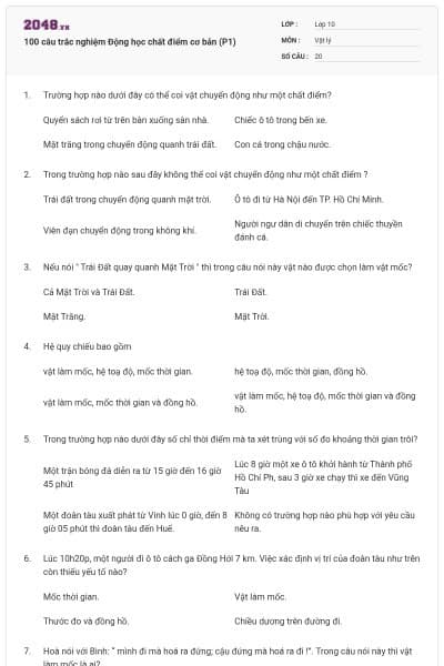 100 câu trắc nghiệm Động học chất điểm cơ bản (P1)