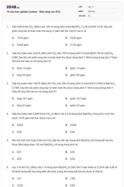 70 câu trắc nghiệm Cacbon - Silic nâng cao (P2)