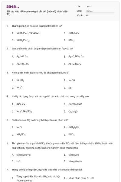 Bài tập Nito - Photpho có giải chi tiết (mức độ nhận biết - P1)