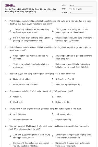 28 câu Trắc nghiệm GDCD 12 Bài 3 (có đáp án): Công dân bình đẳng trước pháp luật (phần 2)