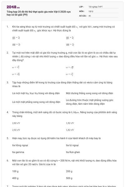 Tổng hợp 20 đề thi thử thpt quốc gia môn Vật lí 2020 cực hay có lời giải (P9)