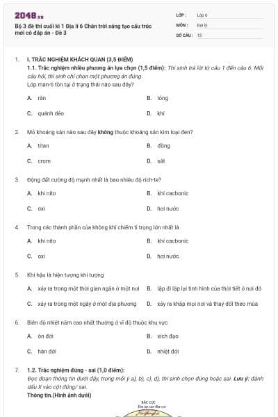 Bộ 3 đề thi cuối kì 1 Địa lí 6 Chân trời sáng tạo cấu trúc mới có đáp án - Đề 3