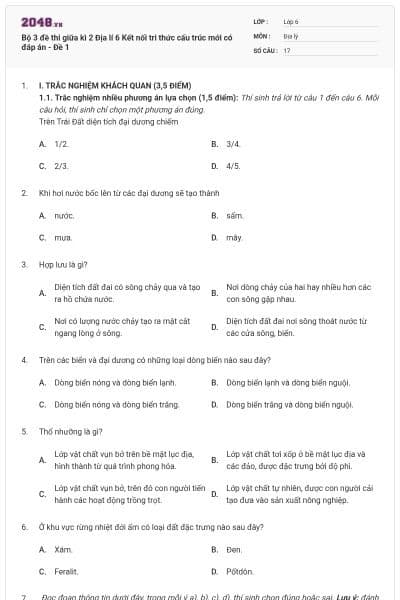 Bộ 3 đề thi giữa kì 2 Địa lí 6 Kết nối tri thức cấu trúc mới có đáp án - Đề 1