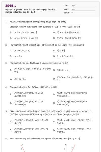 Bộ 5 đề thi giữa kì 1 Toán 9 Chân trời sáng tạo cấu trúc mới (có tự luận) có đáp án - Đề 1