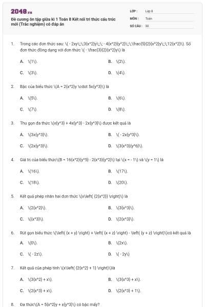 Đề cương ôn tập giữa kì 1 Toán 8 Kết nối tri thức cấu trúc mới (Trắc nghiệm) có đáp án