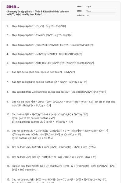 Đề cương ôn tập giữa kì 1 Toán 8 Kết nối tri thức cấu trúc mới (Tự luận) có đáp án - Phần 1