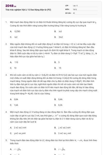 Trắc trắc nghiệm Vật Lí 12 Dao Động điện từ (P2)