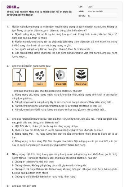 10 câu trắc nghiệm Khoa học tự nhiên 6 Kết nối tri thức Bài 50 (Đúng sai) có đáp án