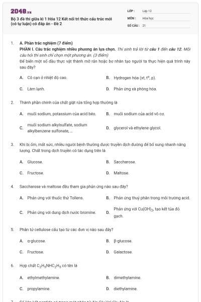 Bộ 3 đề thi giữa kì 1 Hóa 12 Kết nối tri thức cấu trúc mới (có tự luận) có đáp án - Đề 2