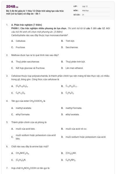 Bộ 3 đề thi giữa kì 1 Hóa 12 Chân trời sáng tạo cấu trúc mới (có tự luận) có đáp án - Đề 1