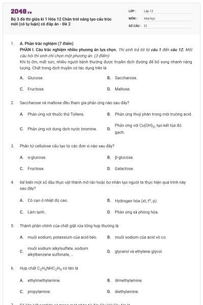 Bộ 3 đề thi giữa kì 1 Hóa 12 Chân trời sáng tạo cấu trúc mới (có tự luận) có đáp án - Đề 2