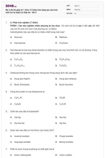 Bộ 3 đề thi giữa kì 1 Hóa 12 Chân trời sáng tạo cấu trúc mới (có tự luận) có đáp án - Đề 3