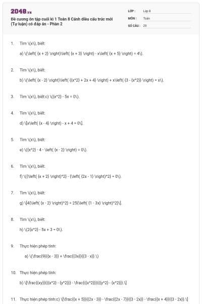 Đề cương ôn tập cuối kì 1 Toán 8 Cánh diều cấu trúc mới (Tự luận) có đáp án - Phần 2