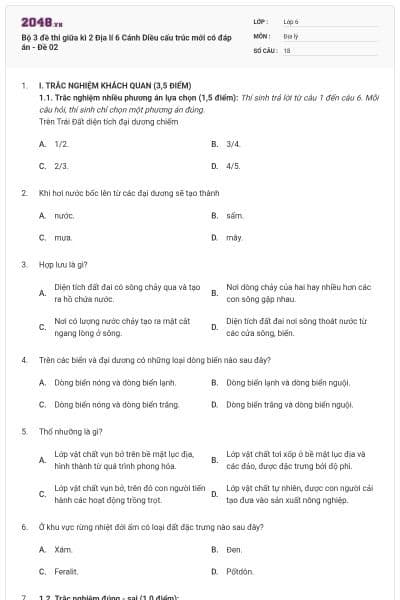 Bộ 3 đề thi giữa kì 2 Địa lí 6 Cánh Diều cấu trúc mới có đáp án - Đề 02