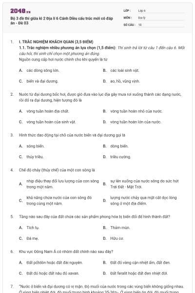 Bộ 3 đề thi giữa kì 2 Địa lí 6 Cánh Diều cấu trúc mới có đáp án - Đề 03