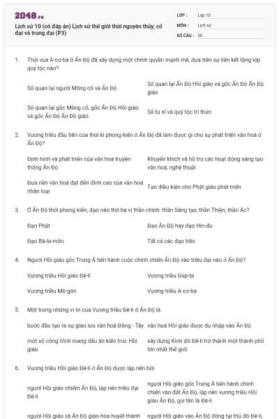 Lịch sử 10 (có đáp án) Lịch sử thế giới thời nguyên thủy, cổ đại và trung đại (P3)