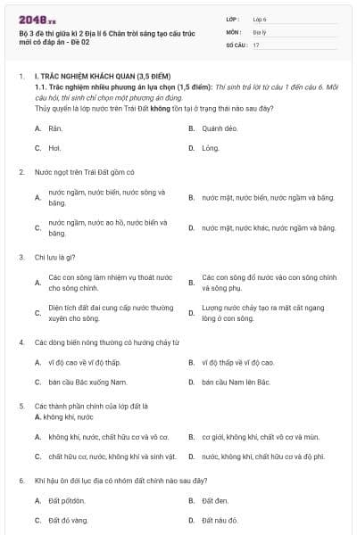 Bộ 3 đề thi giữa kì 2 Địa lí 6 Chân trời sáng tạo cấu trúc mới có đáp án - Đề 02