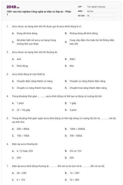 100+ câu trắc nghiệm Công nghệ xe điện có đáp án - Phần 1