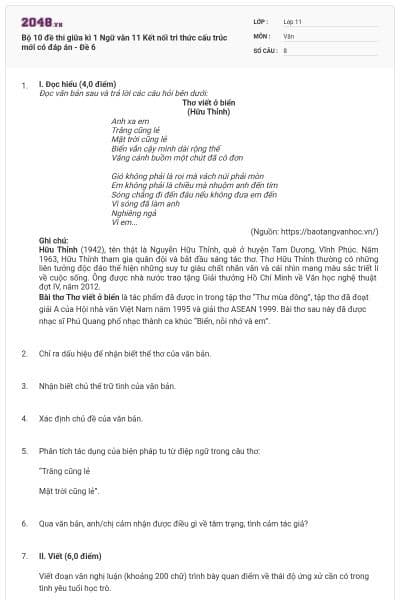 Bộ 10 đề thi giữa kì 1 Ngữ văn 11 Kết nối tri thức cấu trúc mới có đáp án - Đề 6