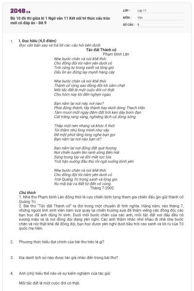 Bộ 10 đề thi giữa kì 1 Ngữ văn 11 Kết nối tri thức cấu trúc mới có đáp án - Đề 9