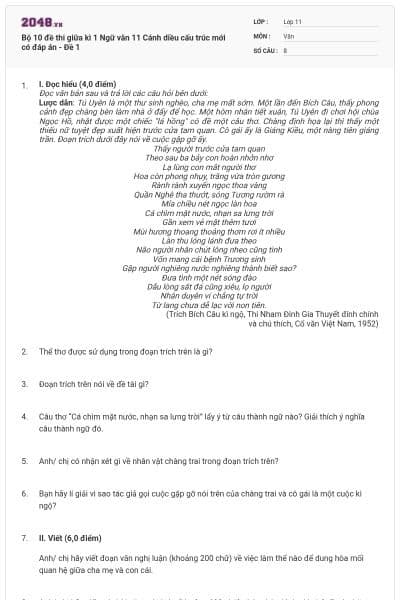 Bộ 10 đề thi giữa kì 1 Ngữ văn 11 Cánh diều cấu trúc mới có đáp án - Đề 1