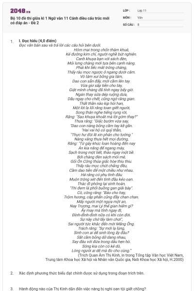 Bộ 10 đề thi giữa kì 1 Ngữ văn 11 Cánh diều cấu trúc mới có đáp án - Đề 2