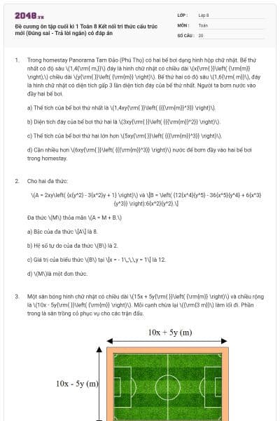 Đề cương ôn tập cuối kì 1 Toán 8 Kết nối tri thức cấu trúc mới (Đúng sai - Trả lời ngắn) có đáp án