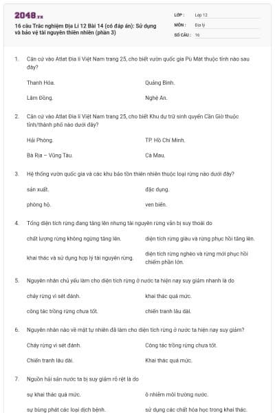 16 câu Trắc nghiệm Địa Lí 12 Bài 14 (có đáp án): Sử dụng và bảo vệ tài nguyên thiên nhiên (phần 3)