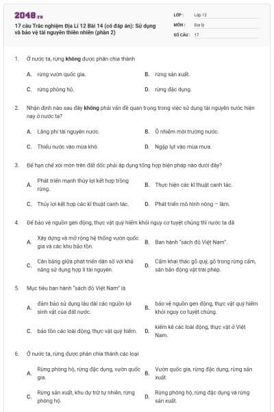 17 câu Trắc nghiệm Địa Lí 12 Bài 14 (có đáp án): Sử dụng và bảo vệ tài nguyên thiên nhiên (phần 2)