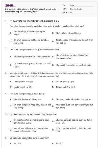 Bài tập trắc nghiệm Giữa kì 2 GDCD 9 Kết nối tri thức cấu trúc mới có đáp án - Bài tập tự luyện