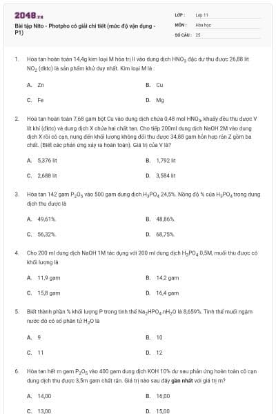 Bài tập Nito - Photpho có giải chi tiết (mức độ vận dụng - P1)
