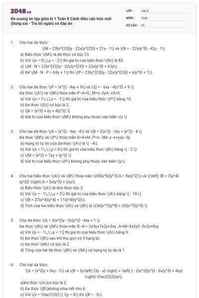 Đề cương ôn tập giữa kì 1 Toán 8 Cánh diều cấu trúc mới (Đúng sai - Trả lời ngắn) có đáp án