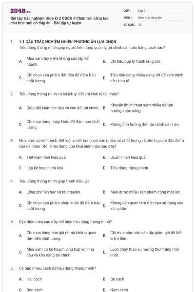 Bài tập trắc nghiệm Giữa kì 2 GDCD 9 Chân trời sáng tạo cấu trúc mới có đáp án - Bài tập tự luyện