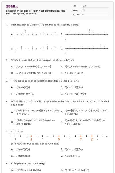 Đề cương ôn tập giữa kì 1 Toán 7 Kết nối tri thức cấu trúc mới (Trắc nghiệm) có đáp án