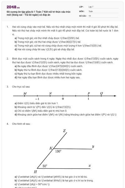 Đề cương ôn tập giữa kì 1 Toán 7 Kết nối tri thức cấu trúc mới (Đúng sai - Trả lời ngắn) có đáp án