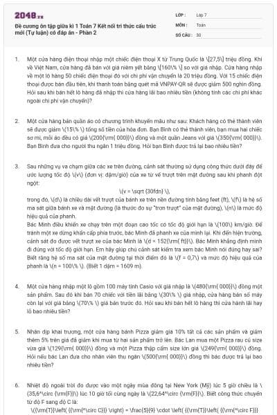 Đề cương ôn tập giữa kì 1 Toán 7 Kết nối tri thức cấu trúc mới (Tự luận) có đáp án - Phần 2