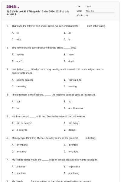 Bộ 2 đề thi cuối kì 1 Tiếng Anh 10 năm 2024-2025 có đáp án - Đề 1