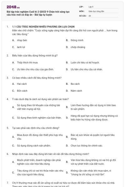 Bài tập trắc nghiệm Cuối kì 2 GDCD 9 Chân trời sáng tạo cấu trúc mới có đáp án - Bài tập tự luyện