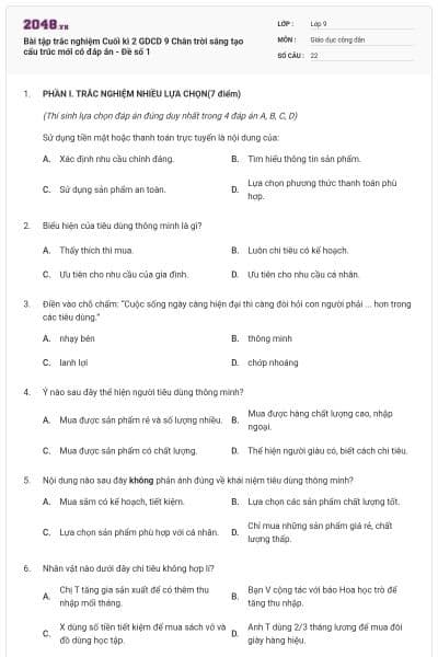 Bài tập trắc nghiệm Cuối kì 2 GDCD 9 Chân trời sáng tạo cấu trúc mới có đáp án - Đề số 1