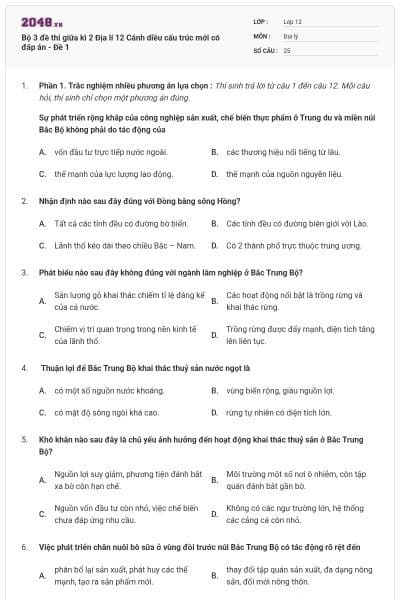 Bộ 3 đề thi giữa kì 2 Địa lí 12 Cánh diều cấu trúc mới có đáp án - Đề 1