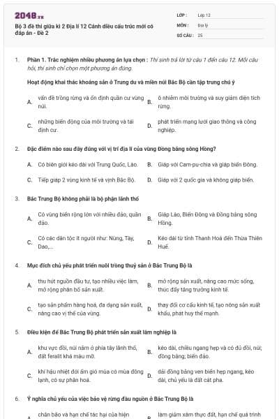 Bộ 3 đề thi giữa kì 2 Địa lí 12 Cánh diều cấu trúc mới có đáp án - Đề 2