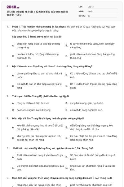 Bộ 3 đề thi giữa kì 2 Địa lí 12 Cánh diều cấu trúc mới có đáp án - Đề 3
