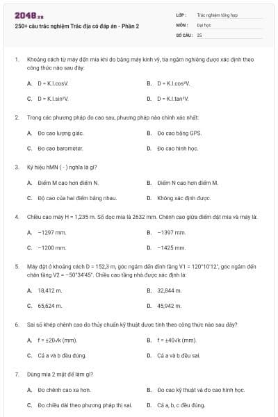 250+ câu trắc nghiệm Trắc địa có đáp án - Phần 2