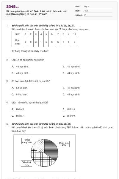 Đề cương ôn tập cuối kì 1 Toán 7 Kết nối tri thức cấu trúc mới (Trắc nghiệm) có đáp án - Phần 2