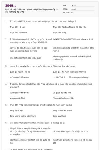 Lịch sử 10 (có đáp án) Lịch sử thế giới thời nguyên thủy, cổ đại và trung đại (P4)